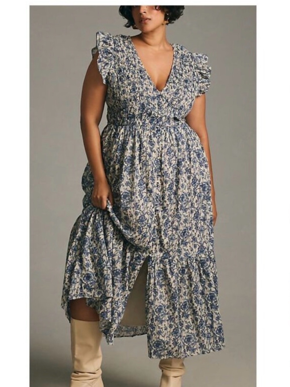 Anthropologie Peregrine Blue and Cream Floral Ruffle Maxi Dress